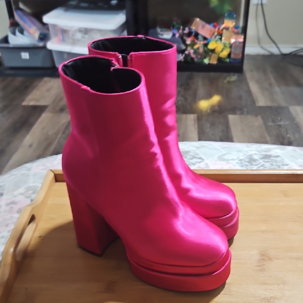 Wild Diva Pink Heeled Boots with Chunky Sole
